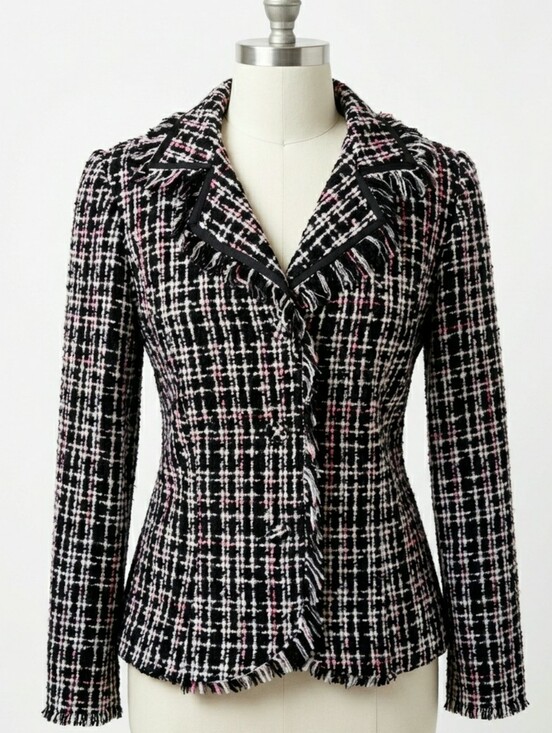 Vintage Jackets & Blazers - Vintage 90s Scarlet Tweed Boucle Plaid Blazer Jacket Fringe Size 8 Black Pink